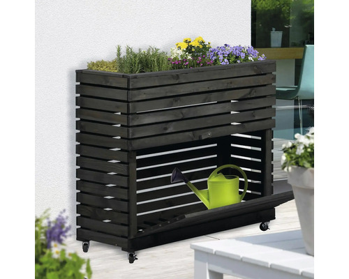 Hochbeet aus Holz mit Rollen, inklusive Ablage und Bewässerungskanne.