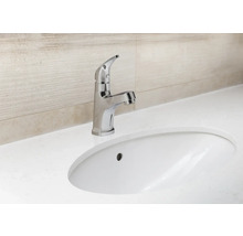 Auf einem Waschtisch ist eine Armatur zu sehen.