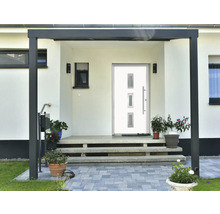 Espace d''entrée d''une maison avec porte d''entrée, escalier et plantes