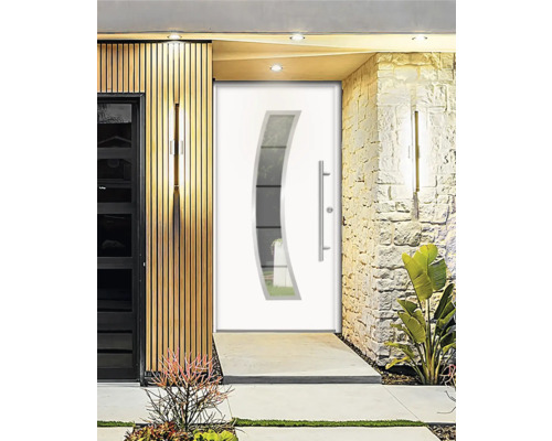 Moderne Haustür mit Glasausschnitt und Edelstahlgriff