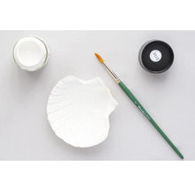 Pot de peinture, pinceau et coquillage peint