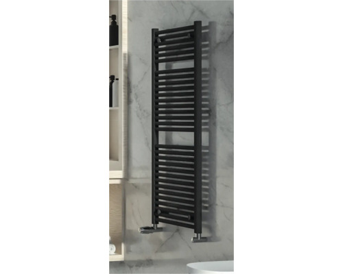 Rotheigner Badheizkörper CLASSIC 1215 x 600 mm schwarz matt Anschluss Beidseitig unten Schwarzer Handtuchwärmer an einer Badezimmerwand