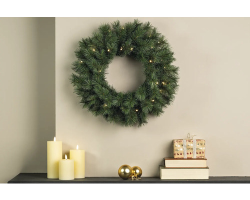 Couronne de l'Avent artificielle Lafiora Calgary 60 cm vert LED Scène de Noël avec couronne de sapin illuminée, bougies et cadeau