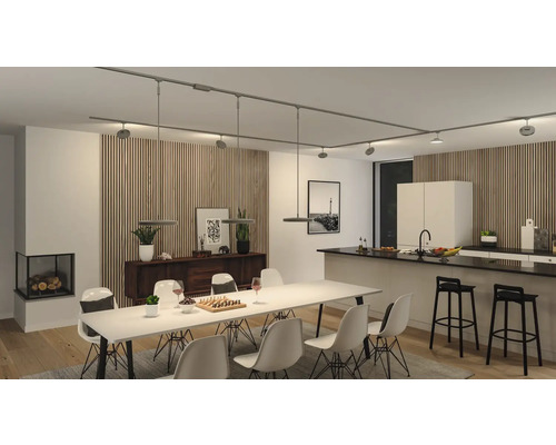 Salon lumineux avec table à manger, chaises, îlot de cuisine et système de rails avec lampes