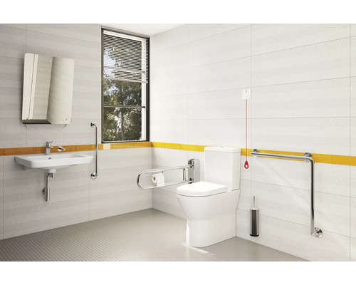 Salle de bain accessible avec toilettes, lavabo et barres d''appui pour personnes à mobilité réduite