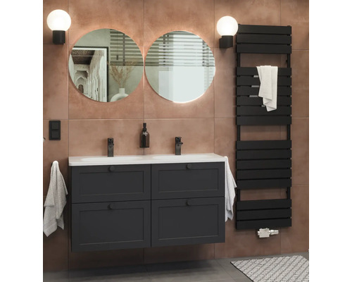 Radiateur design Rotheigner STRIPE 1780 x 500 mm noir mat raccordement en bas au centre Salle de bains avec meuble sous-lavabo, deux miroirs ronds, sèche-serviettes et appliques murales