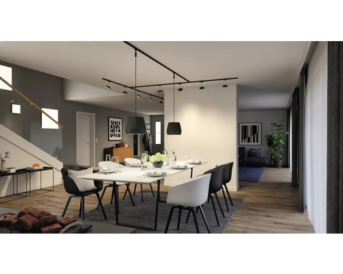 Salle à manger avec table, chaises, tapis et spots sur rail au plafond.