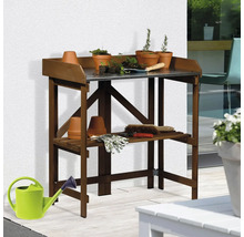 Table de rempotage en bois avec plaque métallique et accessoires de jardinage