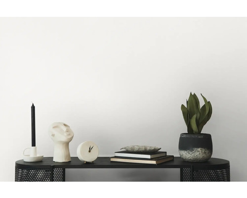 Scène décorative sur une étagère noire avec bougie, sculpture de tête, horloge, livres et plante d''intérieur.