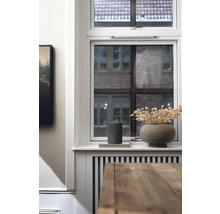 Scène décorative avec haut-parleur, vase avec fleurs séchées et radiateur sous la fenêtre