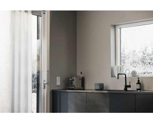 Moderne Küche mit Fenster, Spüle, Armatur, Dekoration und Küchengeräten