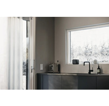 Moderne Küche mit Fenster, Spüle, Armatur und Dekoration