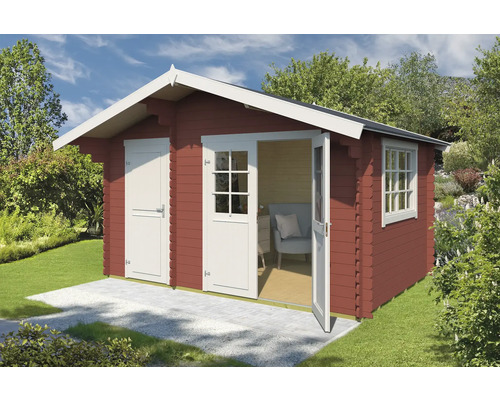 Abri de jardin Outdoor Life Keila avec plancher 426,6 x 340 cm rouge de falun Abri de jardin avec porte double, porte simple et fenêtre dans le jardin.