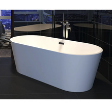 Baignoire îlot dans une salle de bains avec sol noir et carrelage