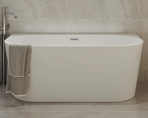 Baignoire Jungborn ONE 169 x 80 cm blanche Baignoire îlot avec porte-serviettes dans la salle de bains.