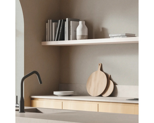 Évier de cuisine avec robinet, planches à découper en bois, vaisselle et décoration sur une étagère