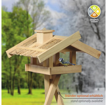 Maison pour oiseaux en bois avec support et symbole Nourrir toute l''année