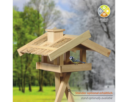 Maison pour oiseaux en bois avec support et symbole Nourrir toute l''année