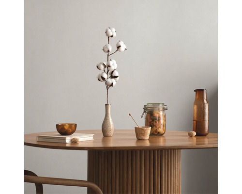 Nature morte décorative avec branche de coton dans un vase, un bocal et un bol sur une table en bois.