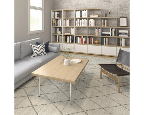 Salon avec bibliothèque, canapé, table basse et fauteuil sur un tapis