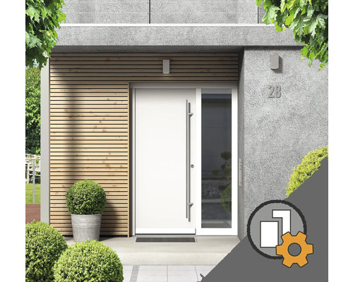 Moderne Haustür mit Seitenteil und langem Edelstahlgriff