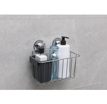 Duschablage mit Saugnapfbefestigung und verschiedenen Badartikeln.