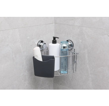 Eckregal mit Saugnapfbefestigung für Badezimmerzubehör.