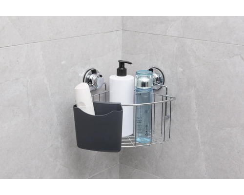 Eckregal mit Saugnapfbefestigung für Badezimmerzubehör.