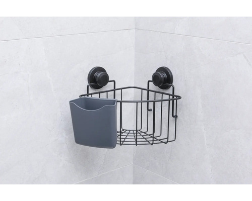 Eckduschregal mit Saugnäpfen zur Aufbewahrung von Duschutensilien.