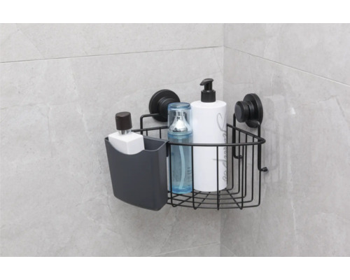 Eckregal mit Saugnapfbefestigung und Badezimmerartikeln