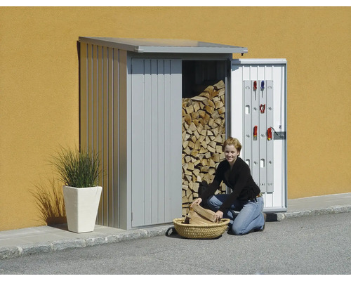 Une femme remplit un panier de bois devant un abri à bois avec un support à outils sur la porte.