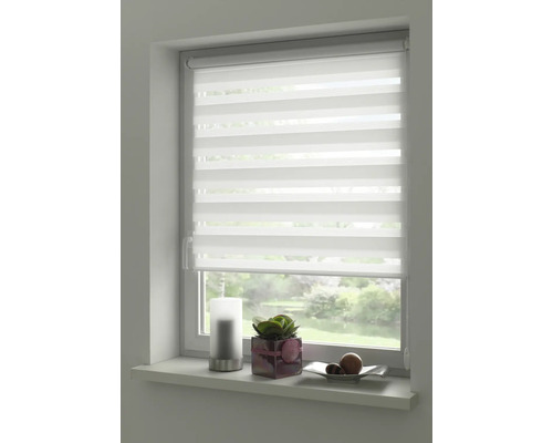 Fenster mit modernem, weissem Duo Rollo zur Lichtregulierung und Dekoration