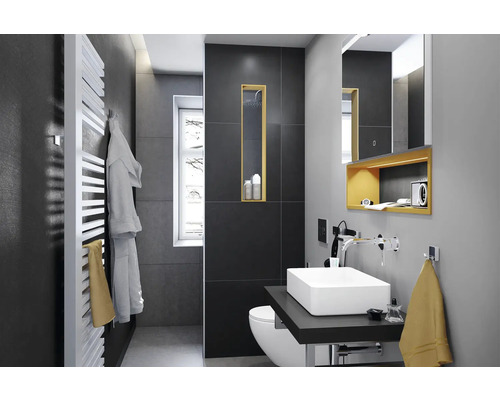 Carrelage sol et mur en grès cérame fin Cementine 60x60x0.9 cm anthracite mat R10B Salle de bains moderne avec lavabo, toilettes et sèche-serviettes