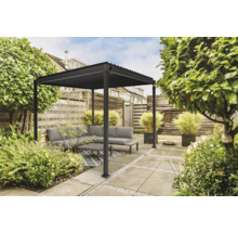 Terrasse mit moderner Pergola, Sitzgruppe und Pflanzen