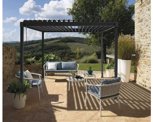Pergola avec toit en lamelles, épaisseur de poteau 8 x 8 cm, 3 x 3 cm anthracite Terrasse avec pergola, sièges et vue sur le paysage