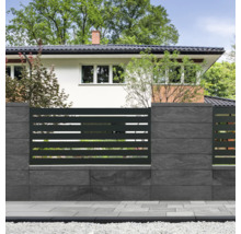 Moderne graue Grundstücksbegrenzung mit Zaunelementen vor einem Wohnhaus.