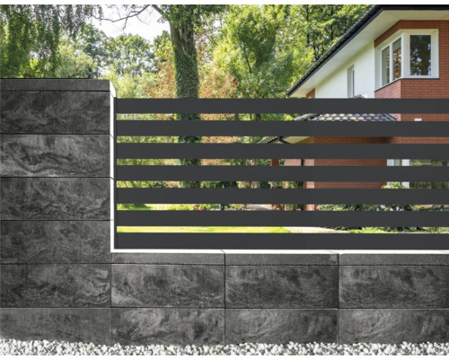 Vue de jardin avec clôture en béton et métal