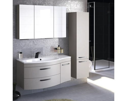 Salle de bain moderne avec meuble sous-lavabo, armoire de toilette et armoire haute