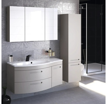 Badezimmer mit Waschtischunterschrank, Spiegelschrank, Hochschrank und Dusche