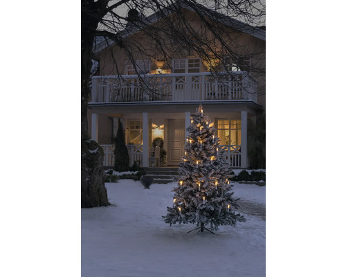 Sapin de Noël décoré dans le jardin enneigé d''une maison.