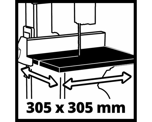 Sägeblatt mit Arbeitstisch und Größenangabe 305 x 305 Millimeter