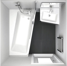 Vue de dessus d''une salle de bains avec baignoire, lavabo et douche