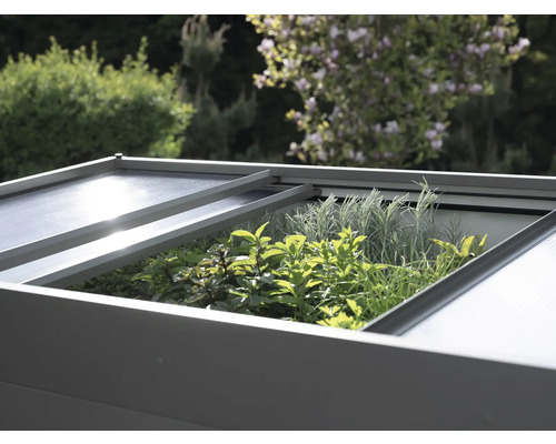 Jardinière surélevée avec herbes aromatiques et couvercle partiellement ouvert