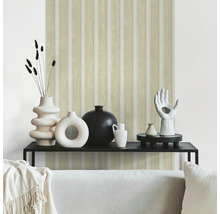 Salon avec panneaux muraux décoratifs, étagères et éléments décoratifs.