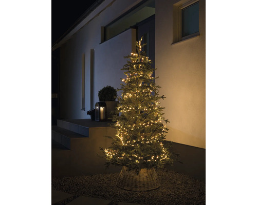 Arbre de Noël illuminé dans un panier à l''extérieur.
