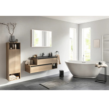 Salle de bain moderne avec lavabo, miroir, baignoire et armoire haute pour une ambiance élégante