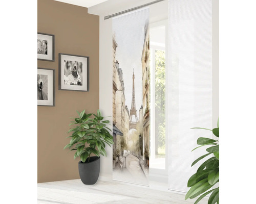 Dekoratives Schiebeelement mit Paris-Motiv in einem hellen Wohnzimmer.