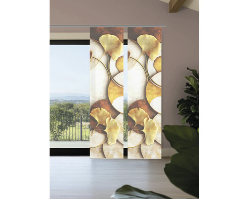 Dekorative Schiebegardine mit Ginkgo-Blatt-Motiv am Fenster