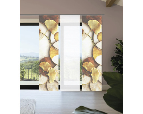 Schiebegardinen mit Ginkgo-Blatt-Motiv an Fensterfront