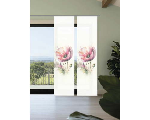 Deux panneaux coulissants avec motif de coquelicots devant une fenêtre